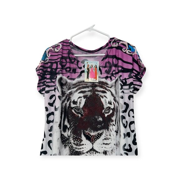 Fashion Unbranded Women Rhinestones Tiger Print Top SZ M Stretch Polyester - Picture 2 of 9